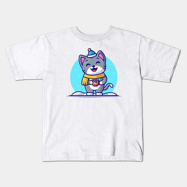 Cute Cat Holding Coffee In Snow Cartoon Vector Icon Illustration Kids T-Shirt by Catalyst Labs